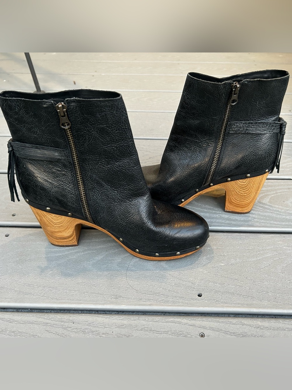 Kork-Ease Black Leather Wood-Stacked Heel Ankle Boots - Picture 12 of 15